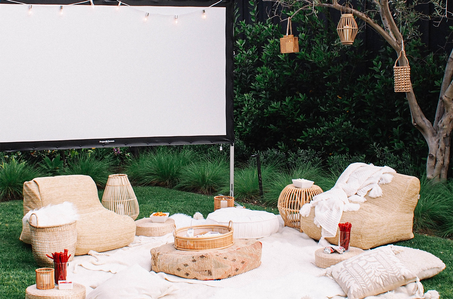 Backyard movie screen and pillows