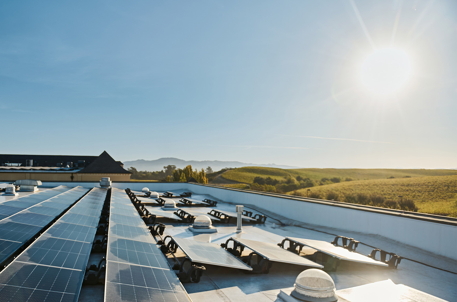 Solar panels on rooftop of Domaine Carneros Chateau